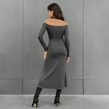Fashionable Womens High Waist Solid Color Midi Dress Simple Design Halter Neck Slim Fit Autumn W