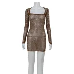 Elegant Square Neck Long Sleeve Dress with Rhinestones High Waist Chic Style Perfect for Parties