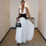 A Line Dress Ruched Color Block Deep V Neck Backless Elegant Evening Wear Wholesale Available