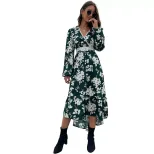 High End Womens Dress Green Floral Print V Neck Long Sleeve Spring Fall Fashion Wholesale Availa