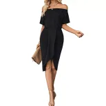 Summer Black Off Shoulder Bodycon Dress Elegant Fit Stylish Design Versatile for Parties or Casu