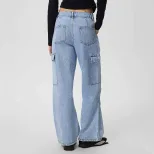 Womens Casual High Waisted Denim Trousers Slim Fit Large Pockets European and American Style Per