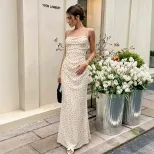 French Style Polka Dot Slip Dress Sleeveless Bodycon Fit Elegant Neckline Summer Vacation Wear W