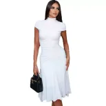 Elegant Womens Dress Solid Color Pleated Waist Defining Short Sleeve Mesh Panel Casual or Evenin