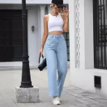 High Waisted Straight Leg Casual Denim Pants Versatile Fit Comfortable Fabric Trendy Style Whole