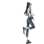 高腰直筒牛仔裤女设计感夏季2024跨境新款撞色九分卷边烟管裤