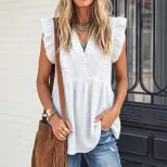 Summer Vacation Style V Neck Short Sleeve Ruffle Hem Loose Fit Top Lightweight Flattering Versat