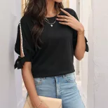 Lace Short Sleeve Top Versatile Minimalist Unique Tie Design Shoulder Cutouts Casual Wear Wholes