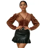 V Neck Slim Fit Short Velvet Cardigan Puff Sleeve Long Sleeve Spring Summer Style Wholesale Wome