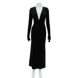 Elegant Deep V Neck Velvet Mermaid Dress with Waist Cinching French Style Sexy Fit Includes Glov