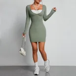 Long Sleeve Square Neck Dress Sexy Design Tie Waist Mid Waist Bodycon Fit Winter Fashion for Par