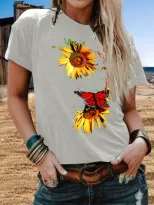 Plus Size Womens Short Sleeve T Shirt Sunflower Butterfly Print Casual Round Neck Top Wholesale