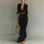 Elegant Womens Autumn Dress Solid Color Irregular Pleats Waist Belt Perfect for Casual or Formal
