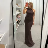 Elegant Womens Bodycon Dress Solid Color Asymmetrical Shoulder Sleeveless Ruched Design Spring S