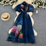 Elegant Womens Summer Dress with Floral Print Lantern Sleeves and Waist Tie in White Apricot and Blue for Casual Occasions