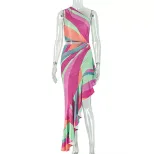 Fashionable Womens Rainbow Print Bodycon Dress Asymmetrical Neckline Summer Beach Style Wholesal