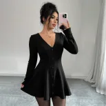 Womens Mini Dress Knitted V Neck Long Sleeve Solid Color Flared Hem Spring Summer Fashion Wholes