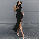 Sleeveless Round Neck Midi Dress Bodycon Fit Side Slit Summer Style Perfect for Casual Outings W