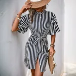 Casual Striped Shirt Dress Ruffle Sleeve Stand Collar European and American Style Perfect for Sp
