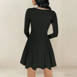 Elegant Black A Line Dress for Women Long Sleeve Lace Trim Slim Fit French Style for Spring and