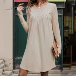 Fall Womens Straight Midi Dress Simple Design Soft Fleece Fabric Pleated Details Round Neck Casu