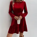 Velvet Long Sleeve Mini Dress Elastic Waist Mid Length Elegant Design Spring Summer Fashion Whol