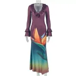 Elegant Womens Color Block Maxi Dress Slim Fit V Neck Versatile Casual Style Perfect for Parties