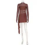 Womens Sexy Sheer Mesh Patchwork Hollowed Ruched Long Sleeve Dress Elegant Fit Round Neck Trendy