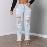 Womens Mid Rise Fashionable Ripped Denim Jeans Casual Style Comfortable Fit Versatile Wear Whole