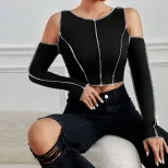 Slim Fit Color Block Off Shoulder Long Sleeve T Shirt Stylish Stitching Detail Casual Wear for W
