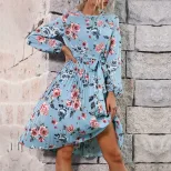 Floral Print Long Sleeve Dress Blue Pleated Round Neck Autumn Winter Fashion Wholesale Available
