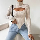 Womens Knit Crop Top Sexy Hollow Design Irregular Hem Long Sleeve Spring Summer Fashion Wholesal