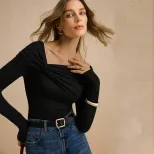 Womens Long Sleeve T Shirt Slim Fit Asymmetrical Neckline Ruffled Design Spring Fall Fashion Top