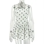 Chic A Line Dress Black and White Polka Dot Print Halter Neck Waist Cinching Design Ideal for Wo