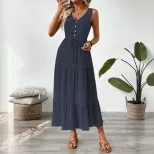 Sleeveless V Neck Summer Dress Minimalist Design Solid Color Adjustable Tie Casual Wear for Wome