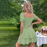 Womens Puff Sleeve Ruffled Dress Slim Fit Tie Detail Avocado Green Elegant for Parties and Event