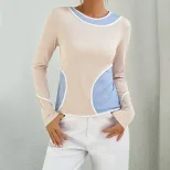 Womens Color Block Long Sleeve Knit Top Slim Fit Stretch Fabric Versatile Style Perfect for Casu