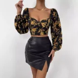 Vintage Floral Print T Shirt Short Puff Sleeves Square Neckline Lightweight Fabric Spring Summer