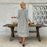 Casual Loose Fit Solid Color Dress Layered Design Short Sleeves Round Neck Vacation Wear Wholesa