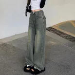 港风复古做旧直筒牛仔裤女秋季小个子高腰显瘦垂感拖地阔腿长裤潮