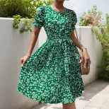 Summer Floral Print Pleated Dress Fresh Design Round Neck Tie Waist Casual Wear for Women OEM Av