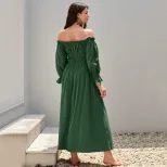 Vintage One Shoulder Lantern Sleeve Maxi Dress Elegant Design Flowy Silhouette Comfortable Fabri