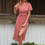 Vintage Floral Split Maxi Dress Sweet V Neck Summer Style Comfortable Fit Wholesale Available