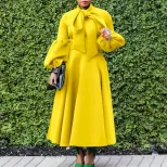 Fashionable High Waisted Lantern Sleeve Dress Plus Size Bow Tie Flared Skirt Spring Summer Occas