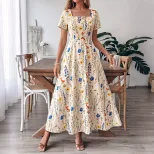 Floral Print Square Neck Short Sleeve Dress French Vacation Style Summer Collection Wholesale Av