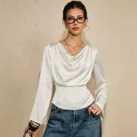 Satin Long Sleeve Blouse for Women V Neck Waist Tie Slim Fit Elegant Style Perfect for Casual or