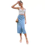 A Line Split Hem Denim Skirt Elegant Design High Waist Comfortable Fit Casual Wear Spring Summer