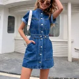 Vintage Slim Fit Denim Dress Waist Defining Short Sleeve Retro Style Perfect for Casual Outings