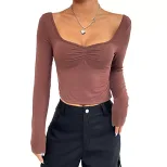Slim Fit Long Sleeve T Shirt V Neck Side Slit Sexy Design Autumn Winter Womens Fashion Wholesale
