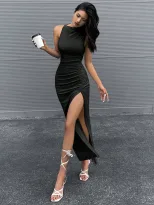 Sleeveless Maxi Dress Round Neck Slim Fit Solid Color Elegant Style Summer Casual Wear Wholesale